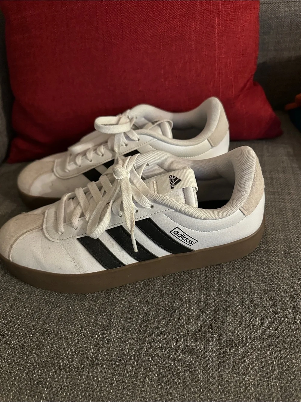 adidas White Sneakers with Black Stripes and Brown Sole